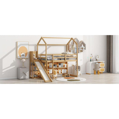 Twin Size Wood House Loft bed with Slide, Storage shelves and Light, Climbing Ramp, Wood Color