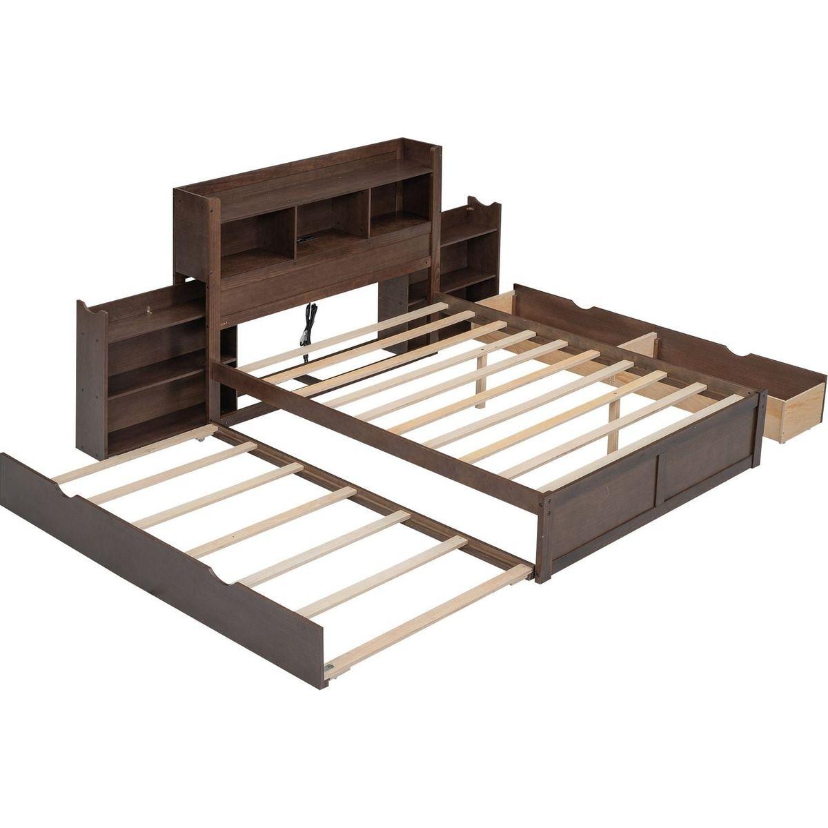 Full Size Storage Platform Bed with Pull Out Shelves, Twin Size Trundle and 2 Drawers, Espresso
