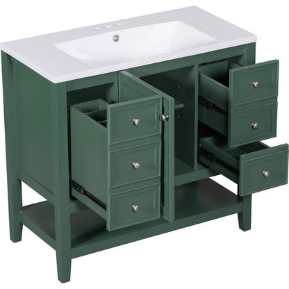 36" Bathroom Vanity with Sink Combo, One Cabinet and Three Drawers, Solid Wood and MDF Board, Green