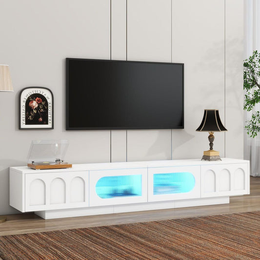 TV Stand with Fluted tempered Glass Doors for TVs Up to 95", Functional Media Console with Arched Cabinet Doors, Entertainment Center with APP-Controlled LED Light for Living Room, White
