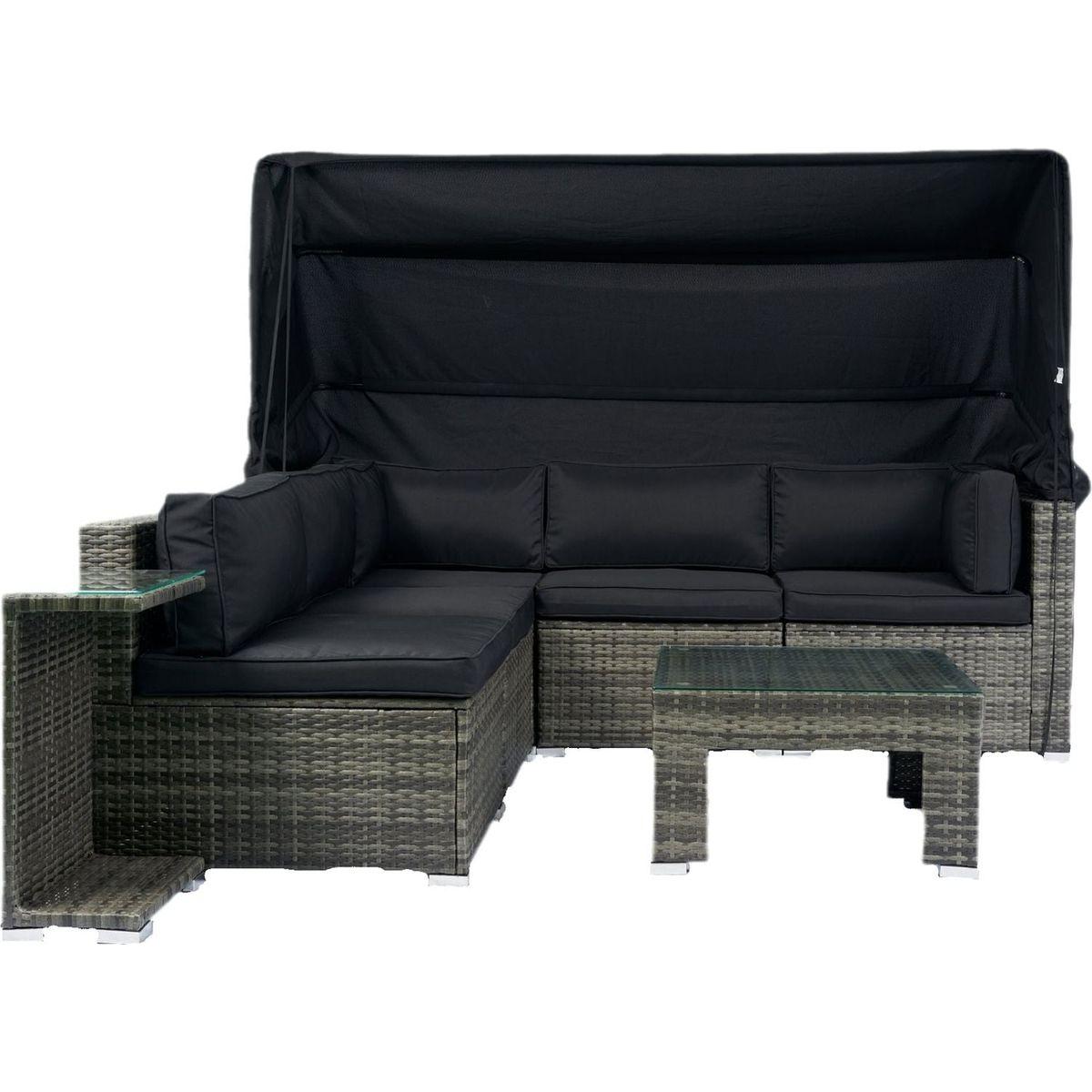 7-Piece Patio Furniture Set w/Retractable Canopy Wicker Rattan Sectional Sofa Set Patio Furniture with Washable Cushions for Lawn, Garden, Backyard, Poolside Grey wicker + Black Cushion