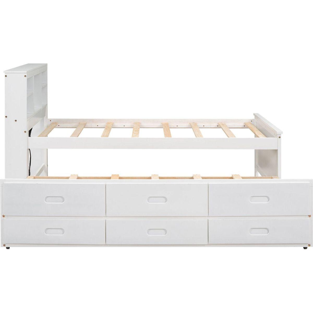 Twin Size Platform Bed with Storage Headboard, USB, Twin Size Trundle and 3 Drawers, White