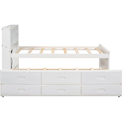 Twin Size Platform Bed with Storage Headboard, USB, Twin Size Trundle and 3 Drawers, White