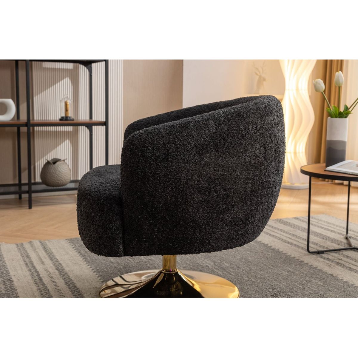 Chenille Fabric Accent Swivel Chair With Gold Metal Round Base,Black