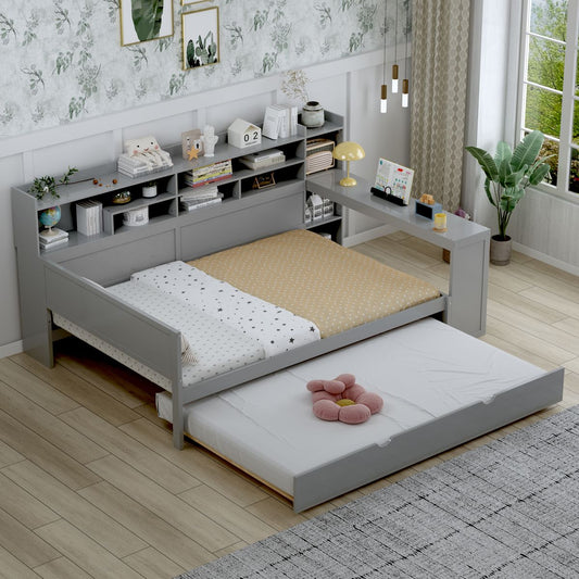 Wooden Full Size Daybed with Storage Shelves, Multi-functional Bed with Twin Size Trundle Bed and  Study Desk,Gray
