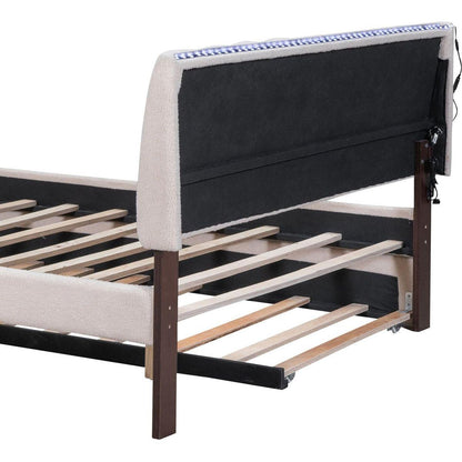 Teddy Fleece Full Size Upholstered Platform Bed with Trundle, Beige