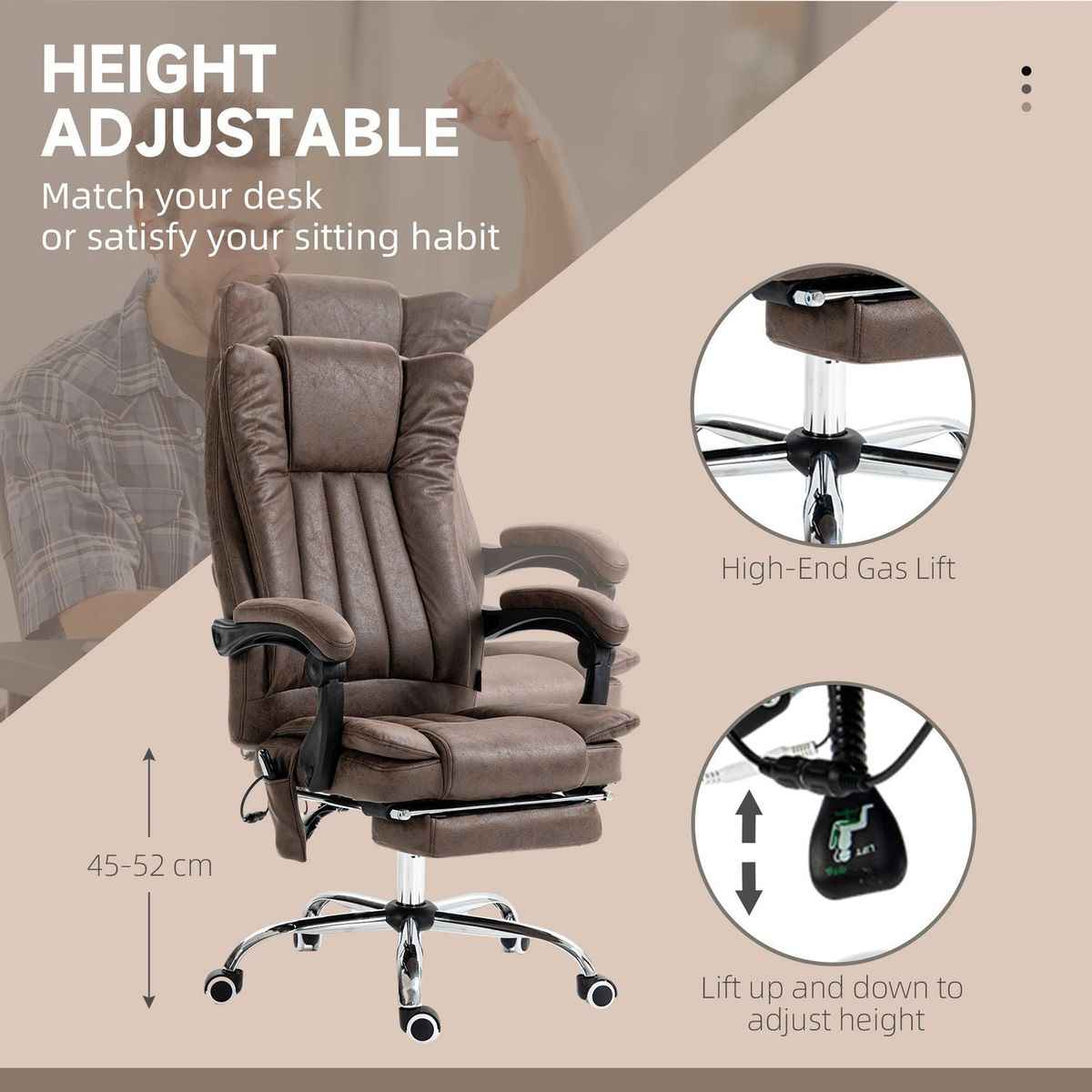 Vinsetto Microfiber Office Chair, High Back Computer Chair with 6 Point Massage, Heat, Adjustable Height and Retractable Footrest, Coffee