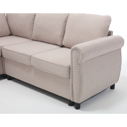 Sleeper Sofa, 2 in 1 Pull Out Couch Bed,6 seater sofa bed, L Shaped Sleeper Sectional Sofa Couch,Riveted sofa,104" Large combined sofa Bed in living room, Beige