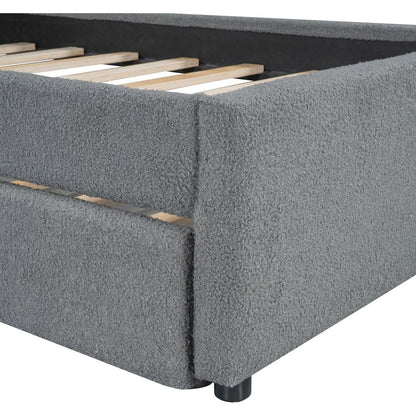 Teddy Fleece Twin Size Upholstered Platform Bed with Trundle, Gray