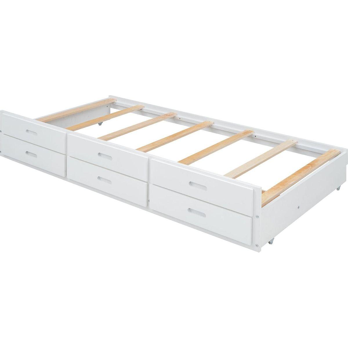 Twin Size Wooden Bed with Storage Headboard with Outlets, Extendable Bed with Twin Size Trundle with Three Storage Drawers,White