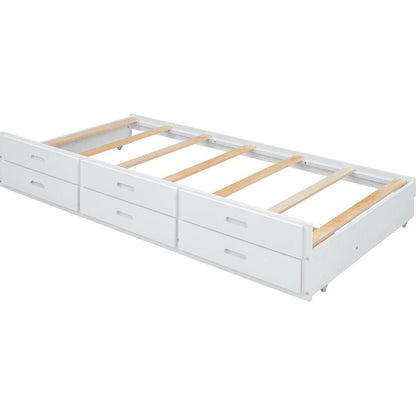 Twin Size Wooden Bed with Storage Headboard with Outlets, Extendable Bed with Twin Size Trundle with Three Storage Drawers,White