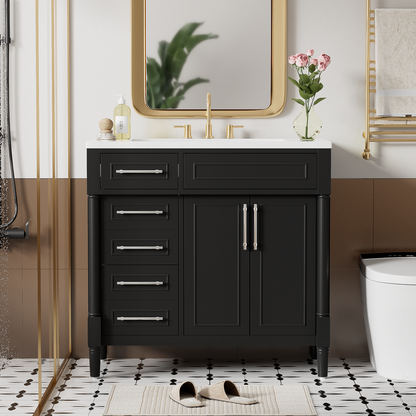 36" Bathroom Vanity with Top Resin Sink, Freestanding Bathroom Storage Cabinet with 2 Drawers and a Tip-out Drawer, Solid Wood Frame Vanity Set, Height Adjustable Shelf