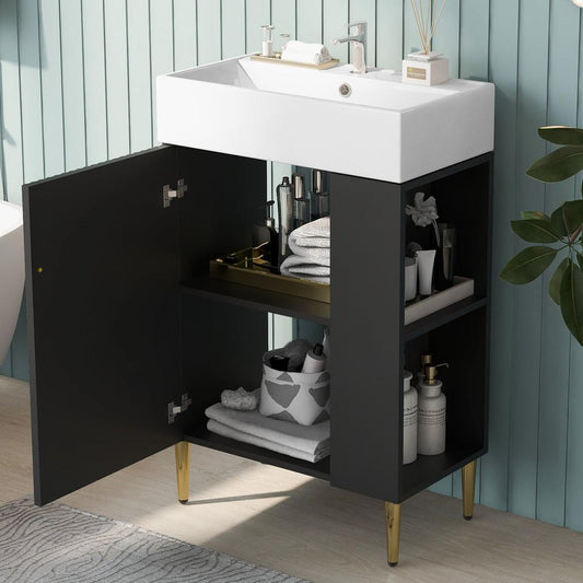 21.6" Black Bathroom vanity, Combo Cabinet, Bathroom Storage Cabinet, Single Ceramic Sink, Right side storage