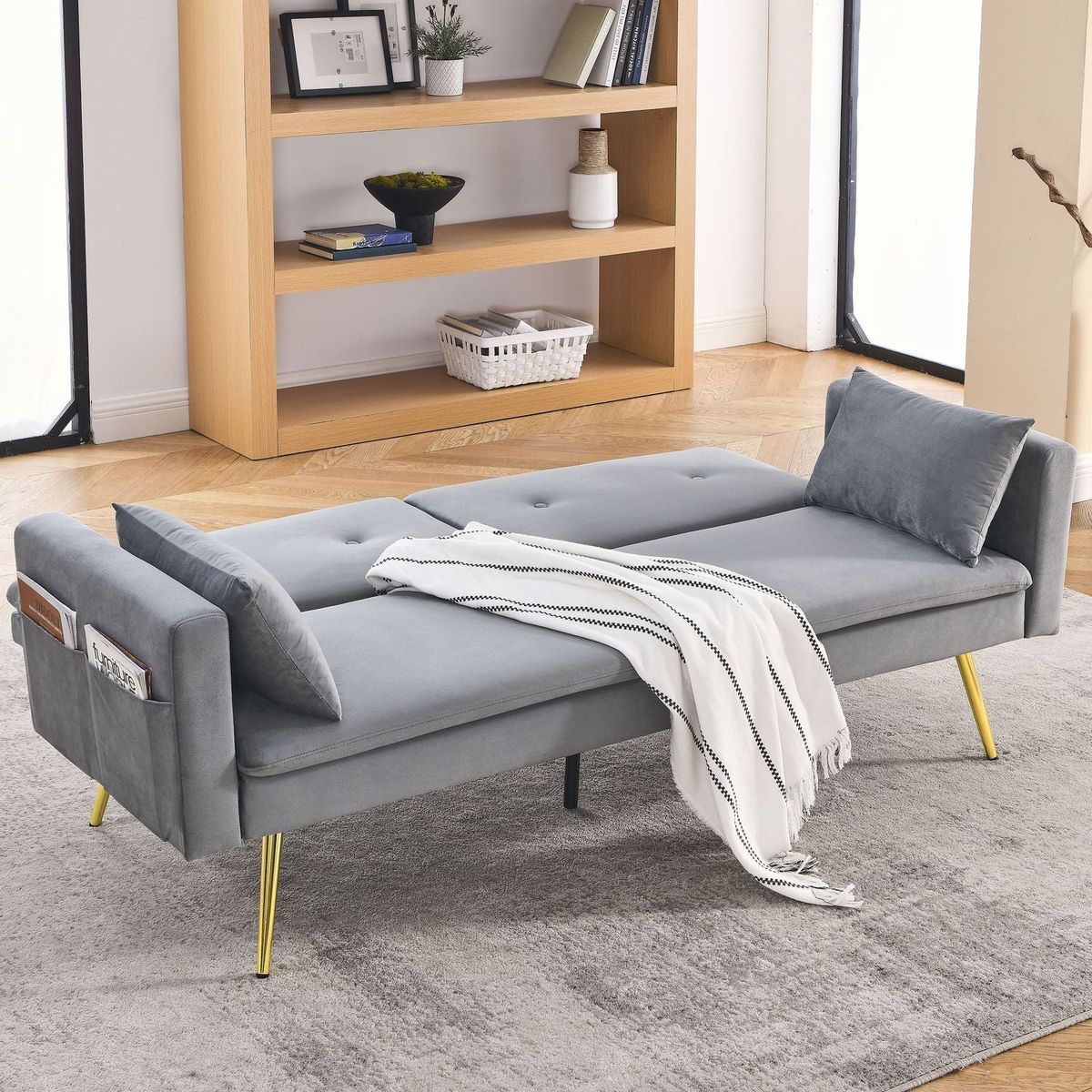 72.5" Convertible Sofa Bed, Adjustable Velvet Sofa Bed - Velvet Folding Lounge Recliner - Reversible Daybed - Ideal for Bedroom with Two Pillows and Center Leg