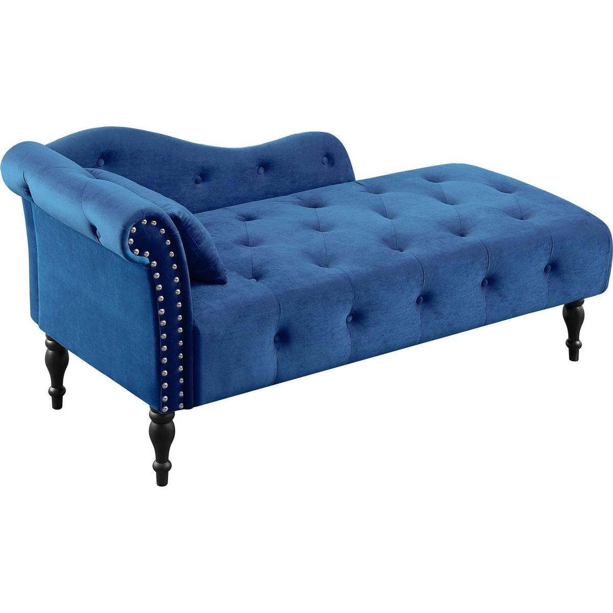 60.6" Velvet Chaise Lounge Buttons Tufted Nailhead Trimmed Solid Wood Legs with 1 Pillow,Blue (Left Arm Design as Shown in the Picture)