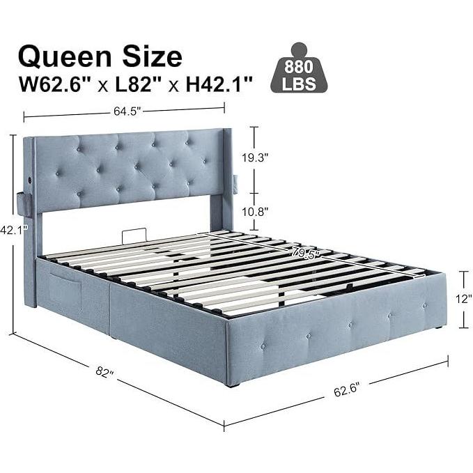 Queen Size Bed Frame with Storage - Lift Up Storage Bed with Modern Wingback Headboard, USB Ports