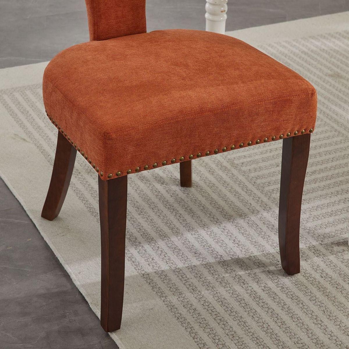 Mid Century Modern Dining Chairs Set of 2, Farmhouse Linen Fabric Upholstered Accent Chair Curved Backrest with Copper Nails around,Kitchen Chairs with Hardwood Frame, Orange
