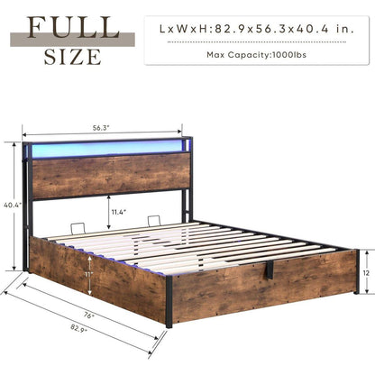 Lift-up Storage Bed Frame, Full Size Bed Frame with Bookcase Headboard & LED Lights, Wooden Platform Bed Frame with Charging Station, No Spring Box Needed, Rustic Brown
