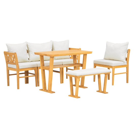 Farmhouse Solid Wood Dining Nook Set for 6, Space-Saving High Top Corner Table with Bench & Chairs, Natural+White