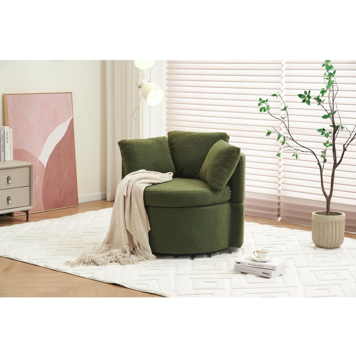 Teddy Fabric Swivel And Storage Chair With Back Cushion For Living Room,Green