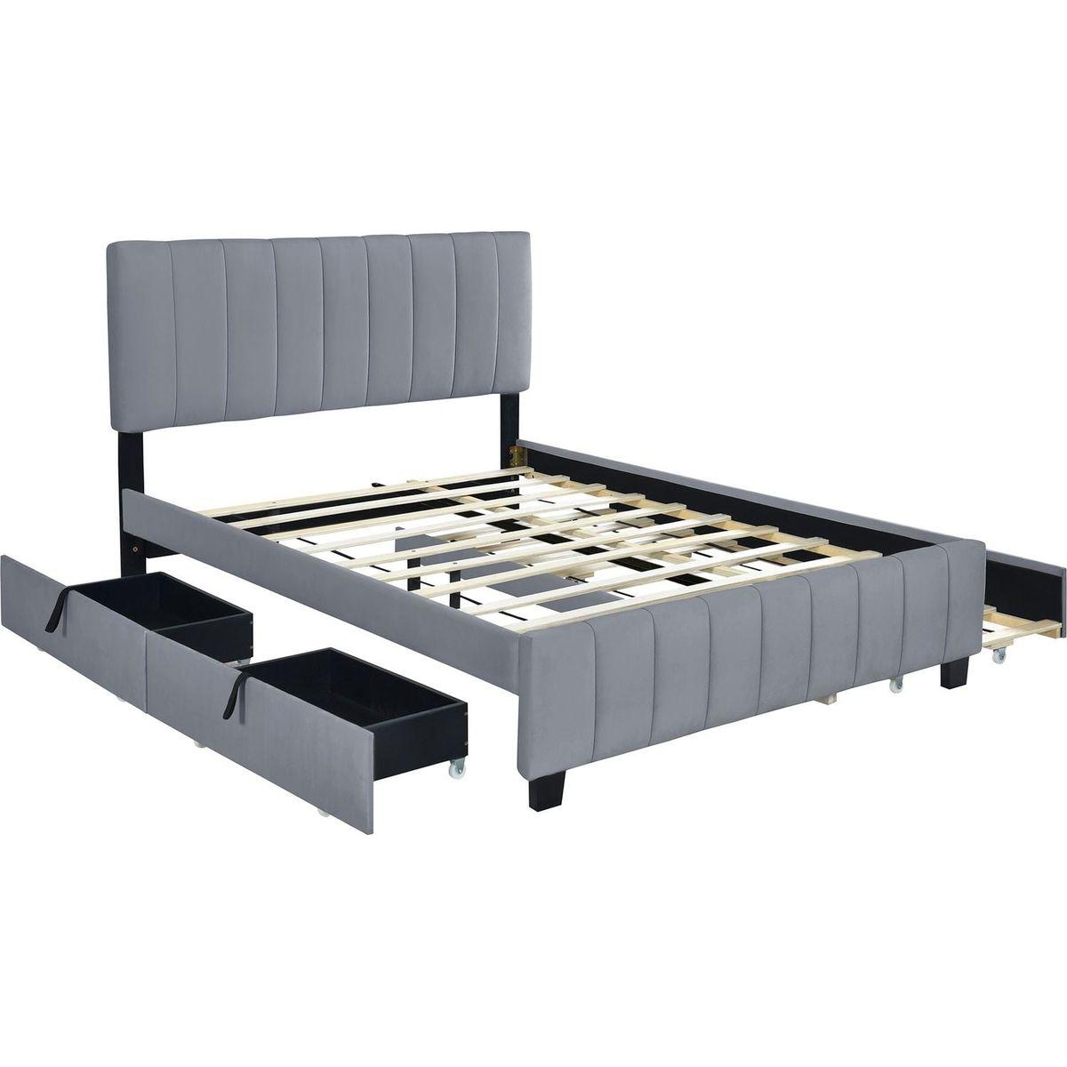 Queen Size Velvet Upholstered Platform Bed with 2 Drawers and 1 Twin XL Trundle- Gray - Streamdale Furniture