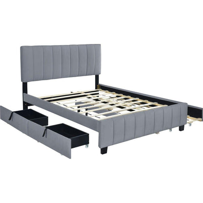 Queen Size Velvet Upholstered Platform Bed with 2 Drawers and 1 Twin XL Trundle- Gray - Streamdale Furniture