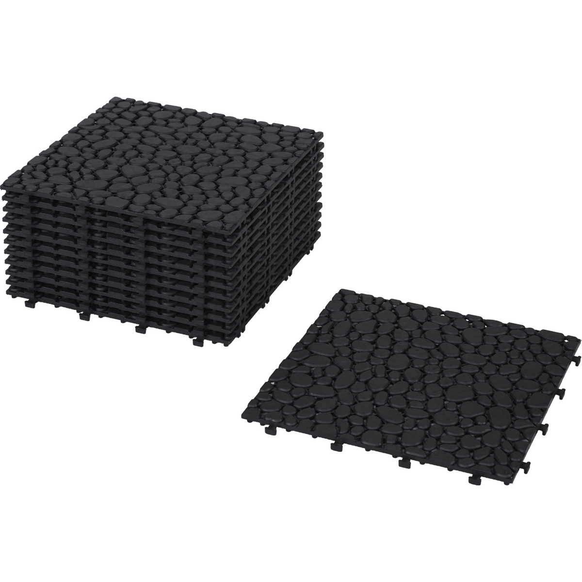 12 x 12 Inch Black Interlocking Deck Tiles Plastic Waterproof Outdoor All Weather Anti-slip Bathroom Shower Balcony Porch Strong Weight Capacity Upto 440 LBS, Pebble Stone Pattern Pack of 12