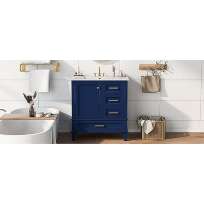 30" Bathroom Vanity, Modern Bathroom Cabinet with Sink Combo Set, Bathroom Storage Cabinet with a Soft Closing Door and 3 Drawers, Solid Wood Frame(Blue)