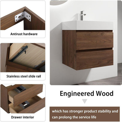 24" Wall-Mounted Bathroom Vanity With Resin Sink, 2-Soft Close Drawers, KD-Package