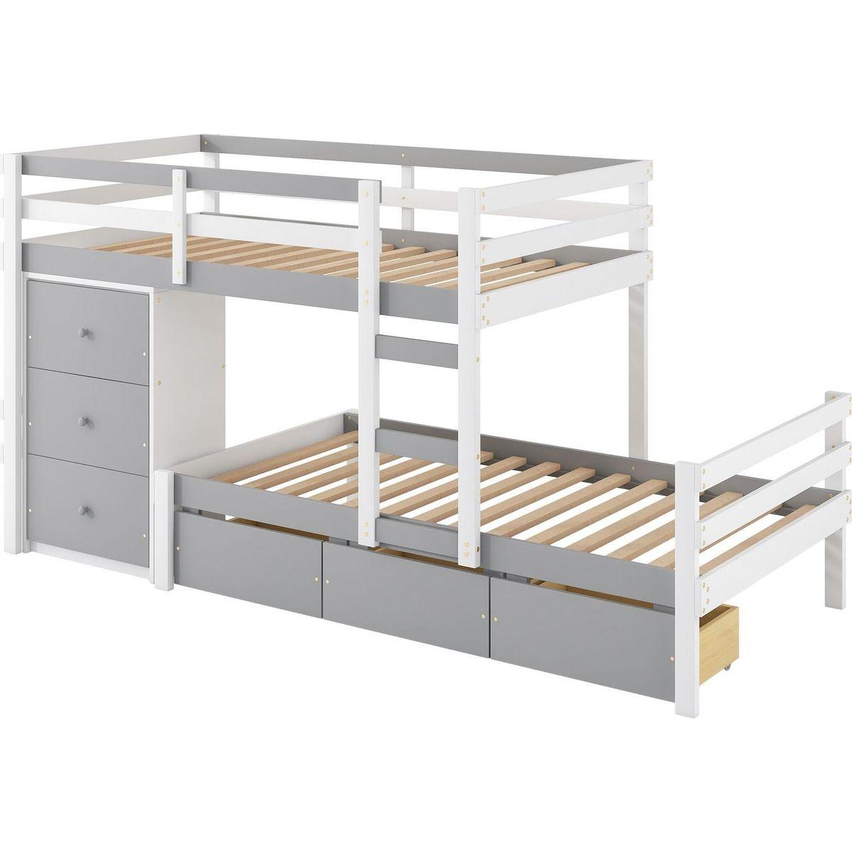 Twin over Twin Loft Bunk Bed with Drawers and Ladder, Gray