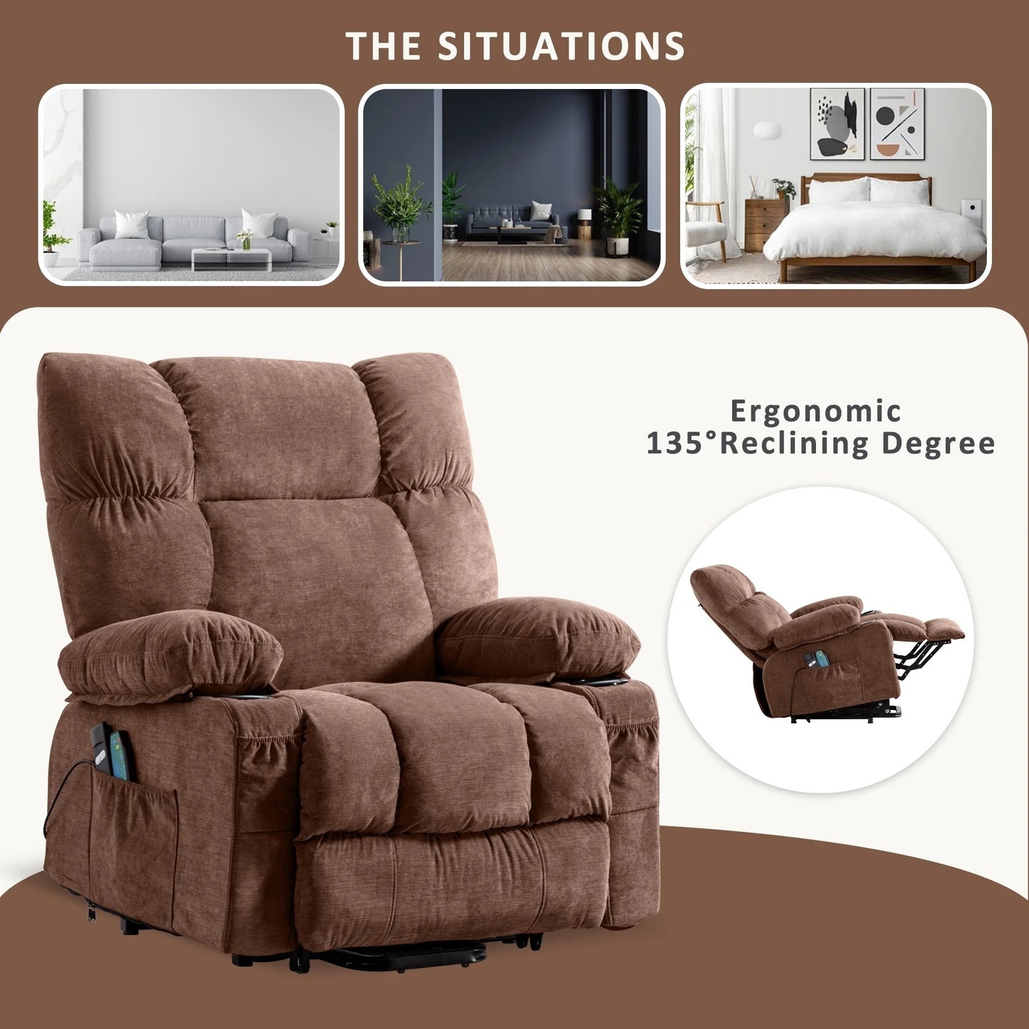 Power Lift Recliner Chair Recliners for Elderly with Heat and Massage Recliner Chair for Living Room with Infinite Position and Side Pocket,USB Charge Port,BROWN