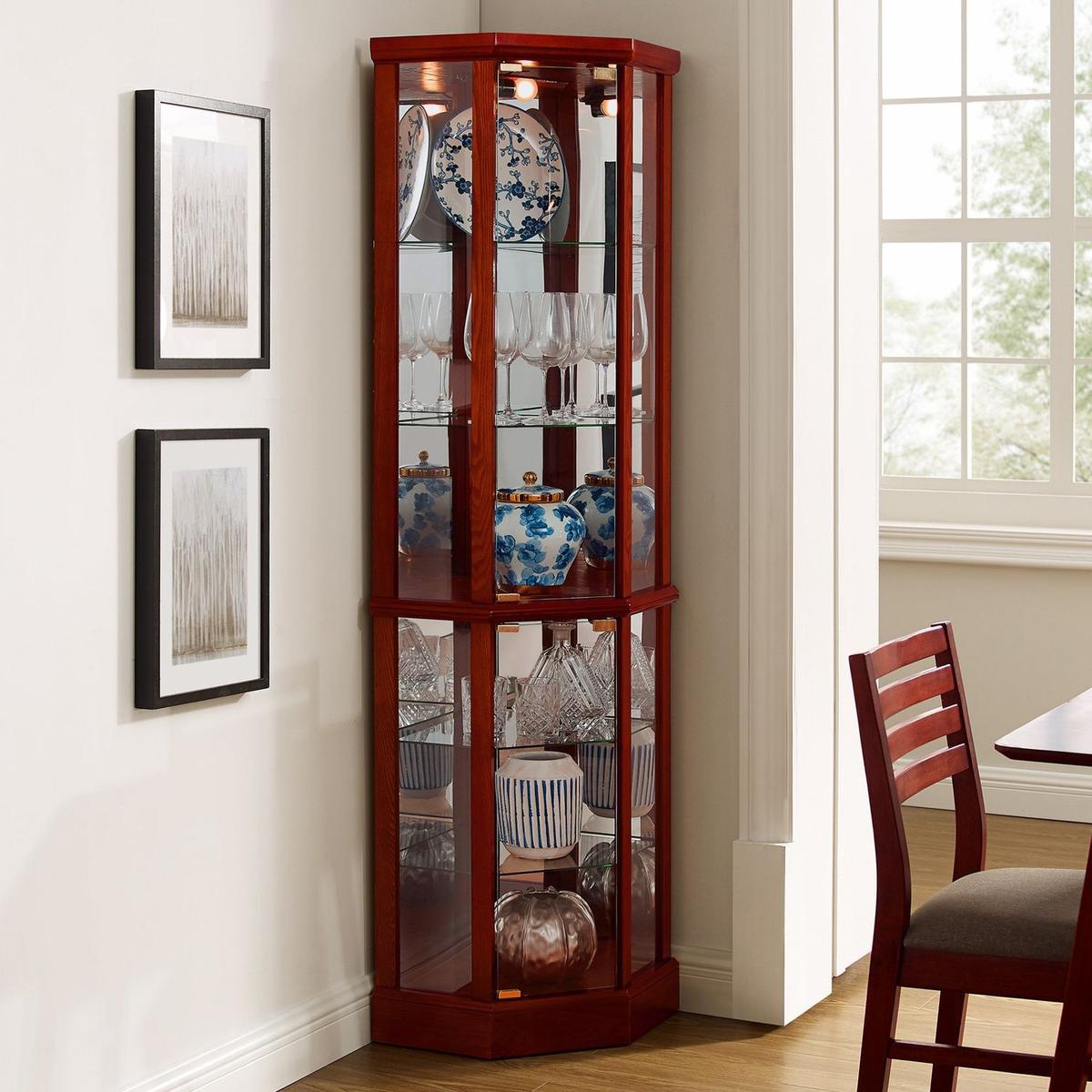 6 Shelf Lighted Corner Curio Cabinet with Adjustable Tempered Glass Shelves and Mirror Back, Cherry
