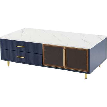 Modern Navy Blue Coffee Table with 2 Glass Door Storage, 4 Drawers, Gold Metal Legs, and Multi-Color Lighting in 47.2"