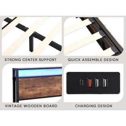 Lift-up Storage Bed Frame, Full Size Bed Frame with Bookcase Headboard & LED Lights, Wooden Platform Bed Frame with Charging Station, No Spring Box Needed, Rustic Brown