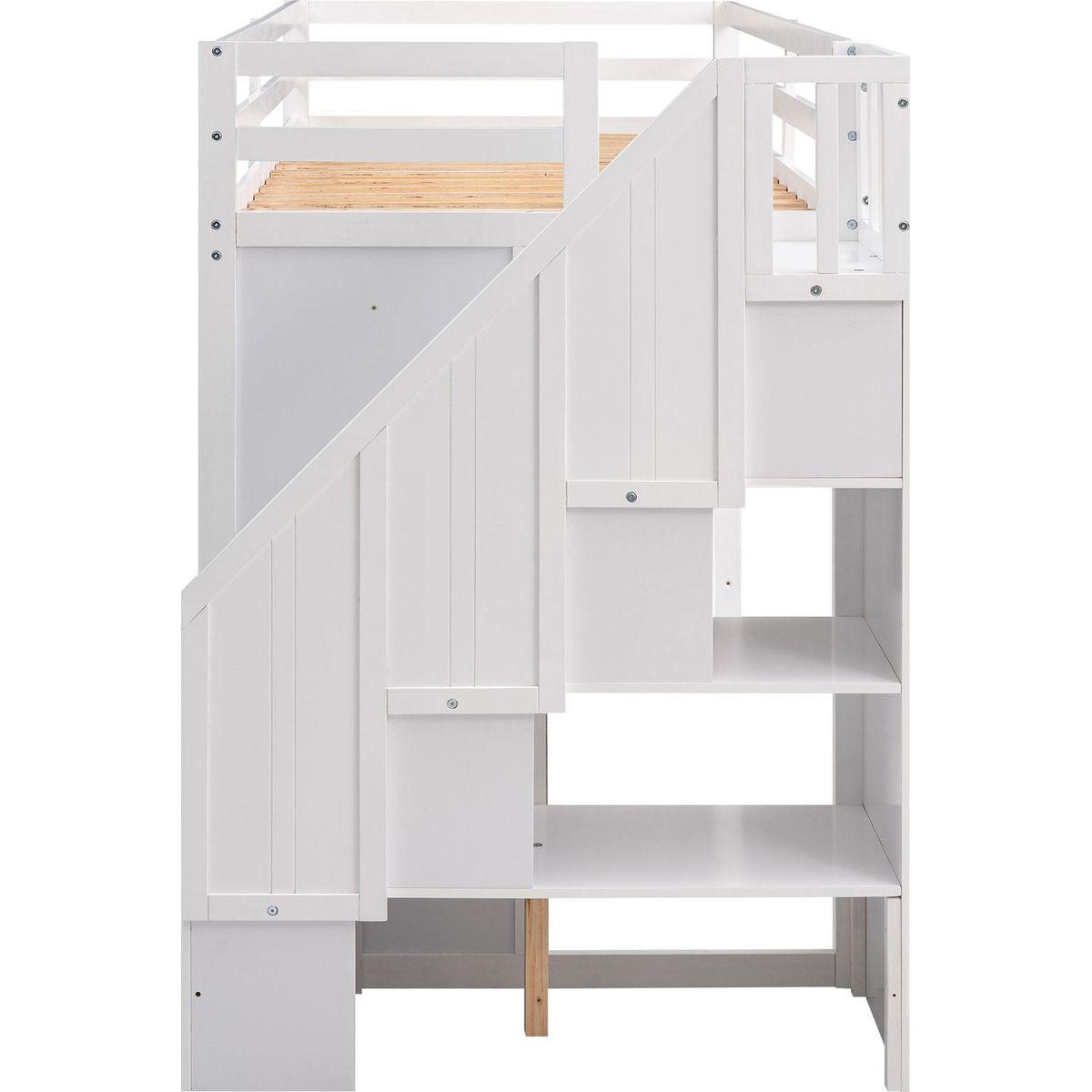 Functional Loft Bed with 3 Shelves, 2 Wardrobes and 2 Drawers, Ladder with Storage, No Box Spring Needed, White