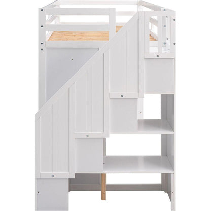 Functional Loft Bed with 3 Shelves, 2 Wardrobes and 2 Drawers, Ladder with Storage, No Box Spring Needed, White