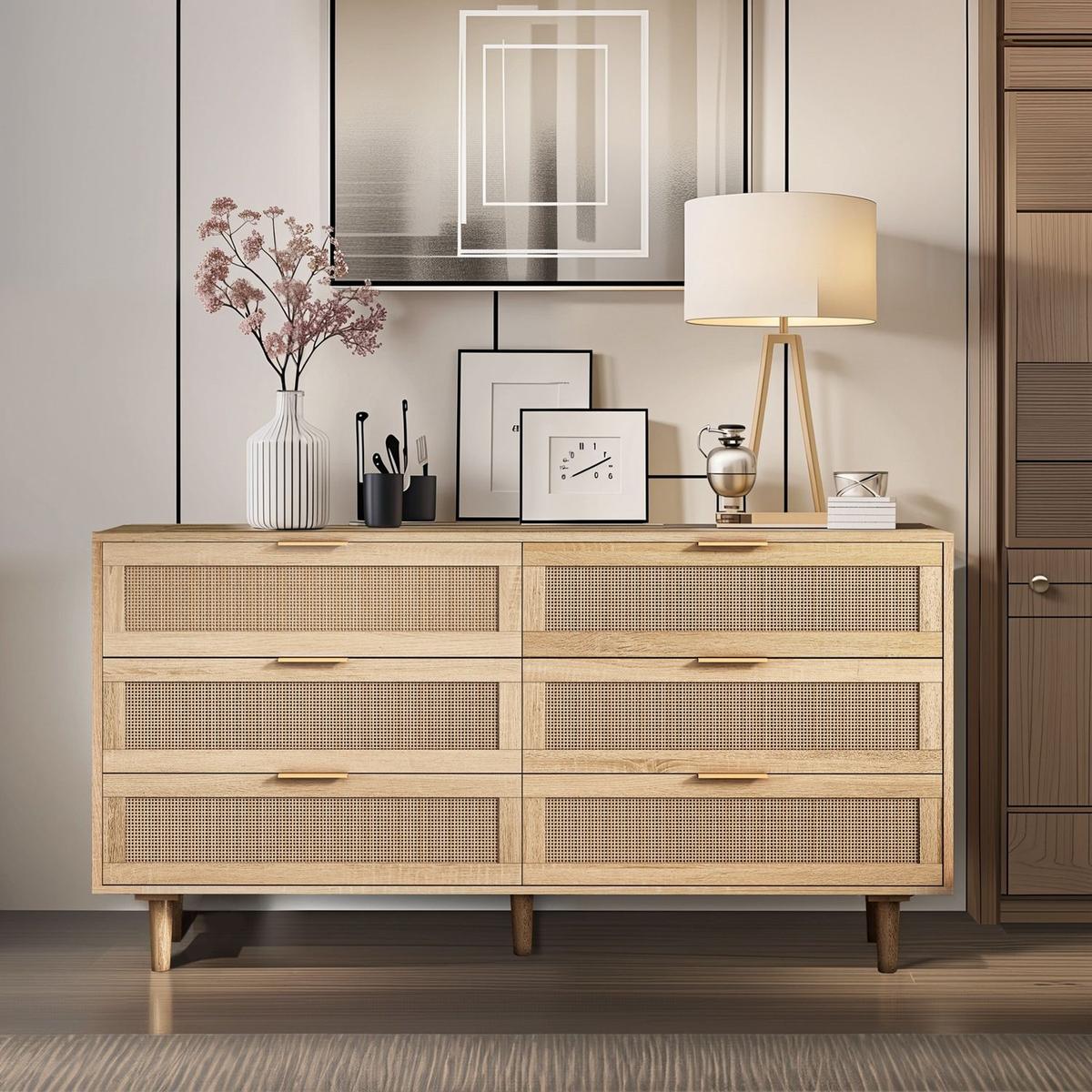 59.06"6-Drawers Rattan Storage Cabinet Rattan Drawer,for Bedroom,Living Room,Natural