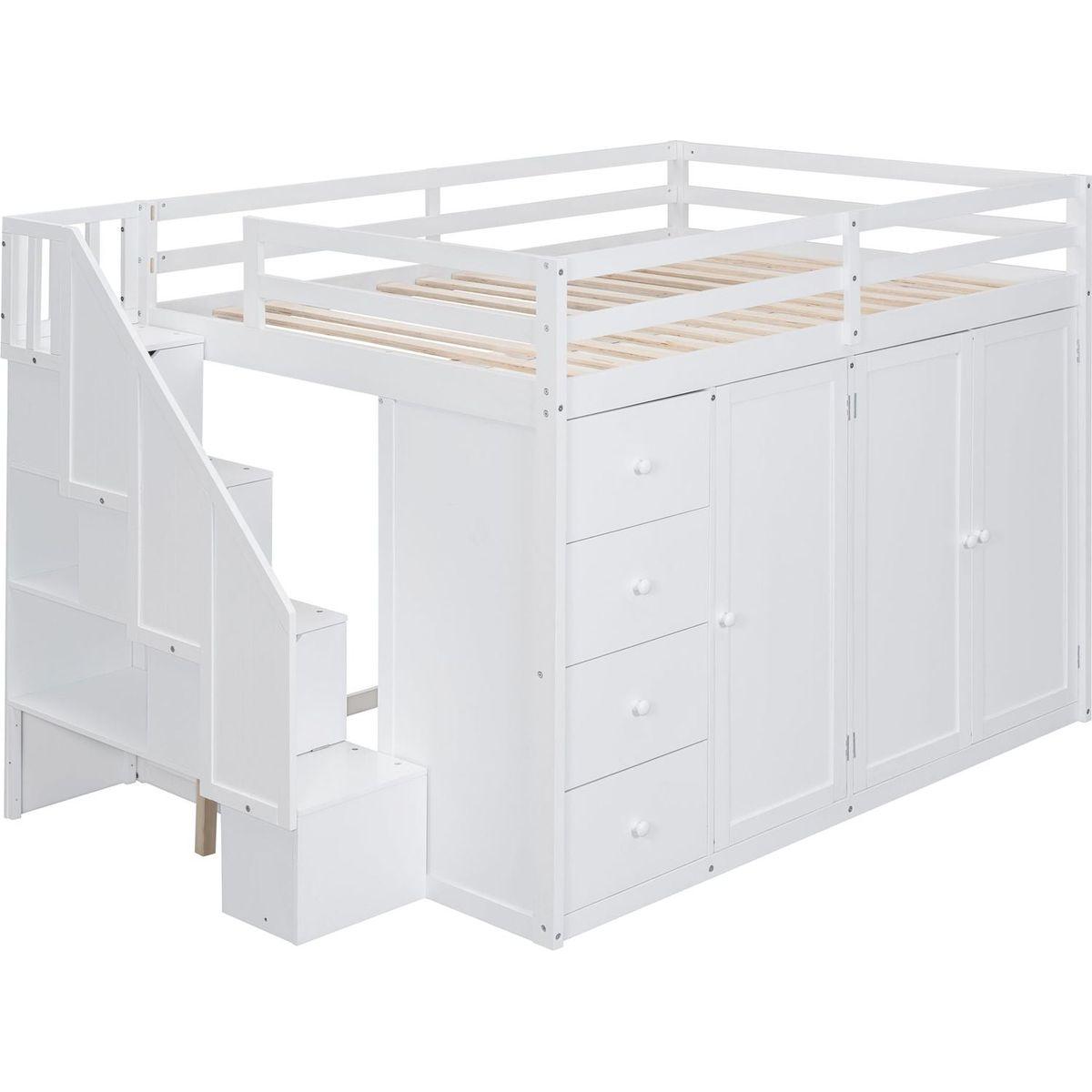 Full Size Wood Loft Bed With Built-in Wardrobes, Cabinets and Drawers, White