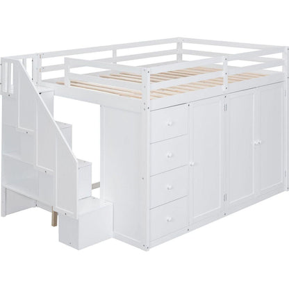 Full Size Wood Loft Bed With Built-in Wardrobes, Cabinets and Drawers, White