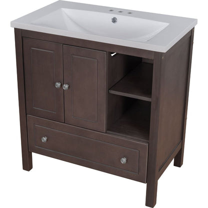 30" Bathroom Vanity with Sink, Bathroom Storage Cabinet with Doors and Drawers, Solid Wood Frame, Ceramic Sink, Brown