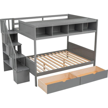 Twin over Full Bunk Bed with Shelfs, Storage Staircase and 2 Drawers, Gray