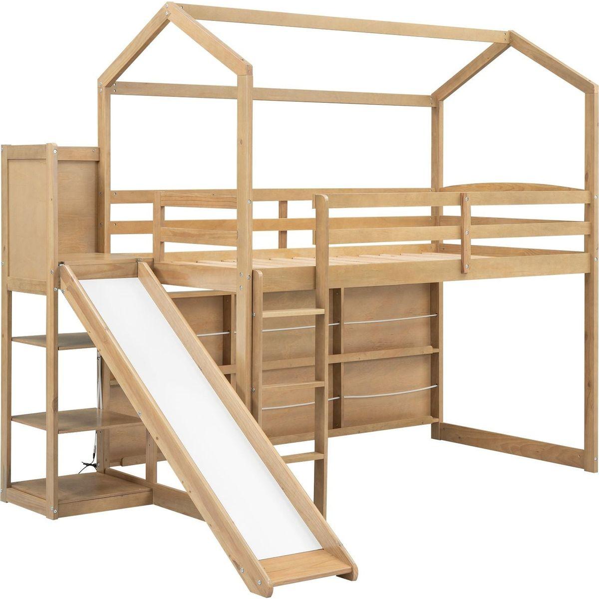 Twin Size Wood House Loft bed with Slide, Storage shelves and Light, Climbing Ramp, Wood Color