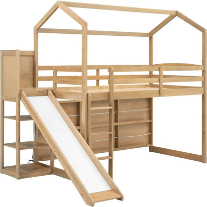 Twin Size Wood House Loft bed with Slide, Storage shelves and Light, Climbing Ramp, Wood Color