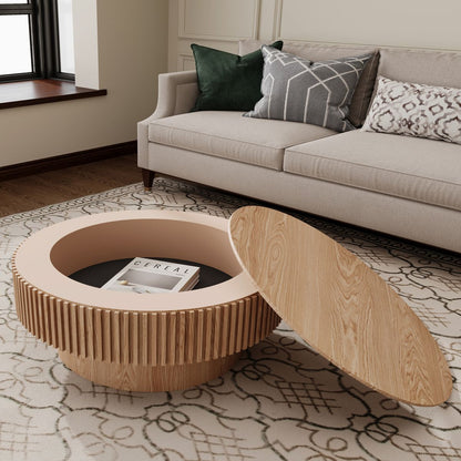 31.5'' Round Coffee Table with Storage Solid Wood Veneered Modern Coffee Table Accent Tea Table for Living Room, Bedroom, Apartment or Office, Natural Wood