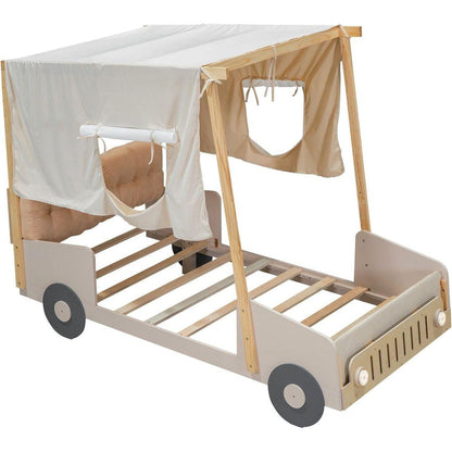 Wood Twin Size Car Bed with Pillow, Ceiling Cloth and LED, Natural