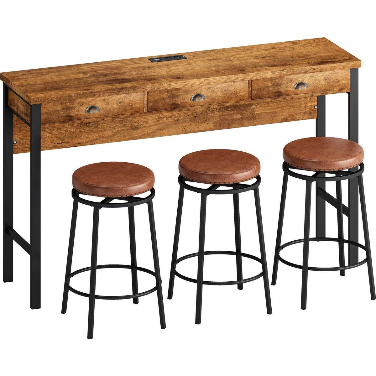 3-Drawer Long Dining Table Set with Power Outlets, Bar Kitchen Table Set with Circular PU Stools, Easy Assemble,Brown