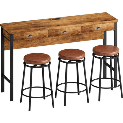 3-Drawer Long Dining Table Set with Power Outlets, Bar Kitchen Table Set with Circular PU Stools, Easy Assemble,Brown