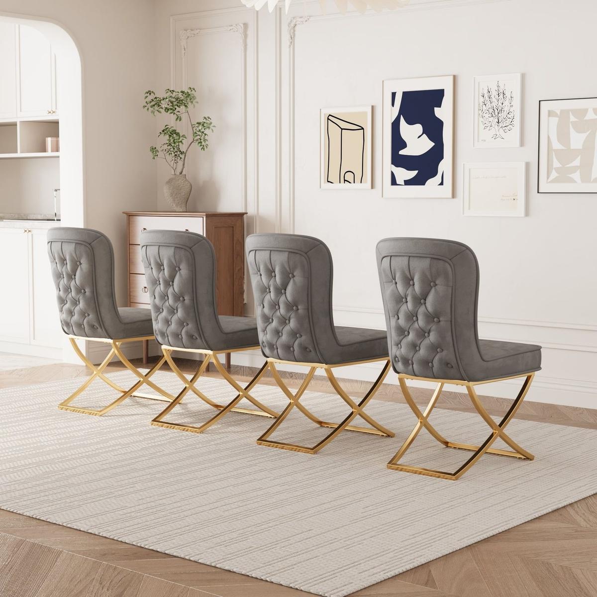 Dining Chair Set of 4, grey velvet Backrest and golden Metal legs.For Modern Kitchen Dining Room Chair for Kitchen Living Modern decorative Leisure chairs Office chairs