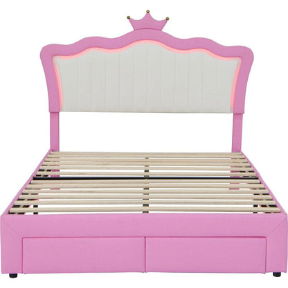 Full Size Upholstered Bed Frame with LED Lights, Modern Upholstered Princess Bed with Crown Headboard, 2 Drawers, Pink+White