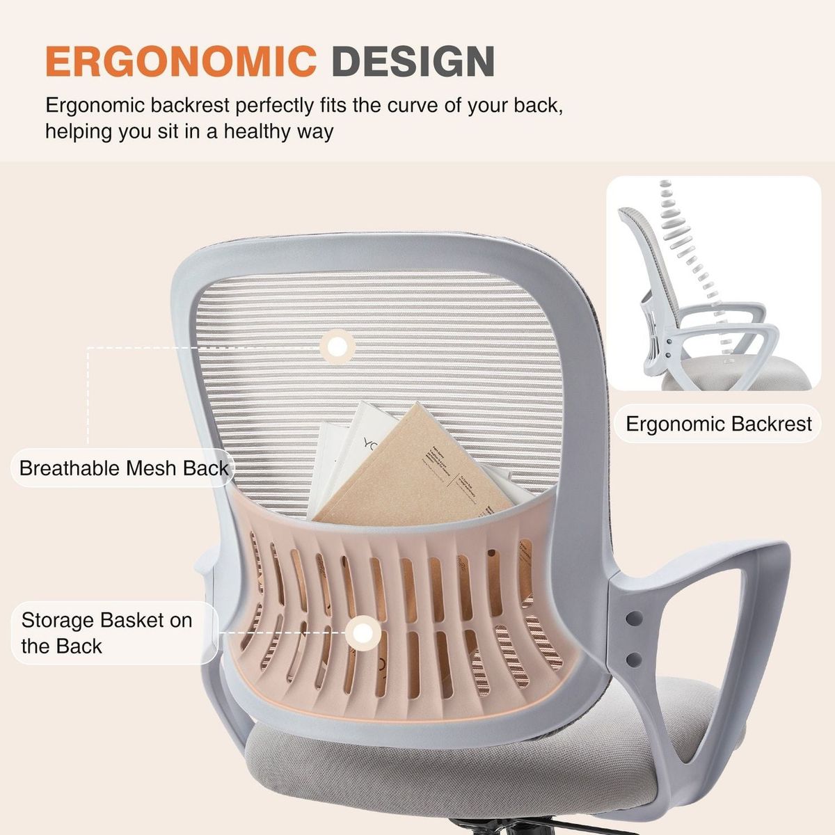 Ergonomic Office Chair Home Desk Mesh Chair with Fixed Armrest Executive Computer Chair with Soft Foam Seat Cushion